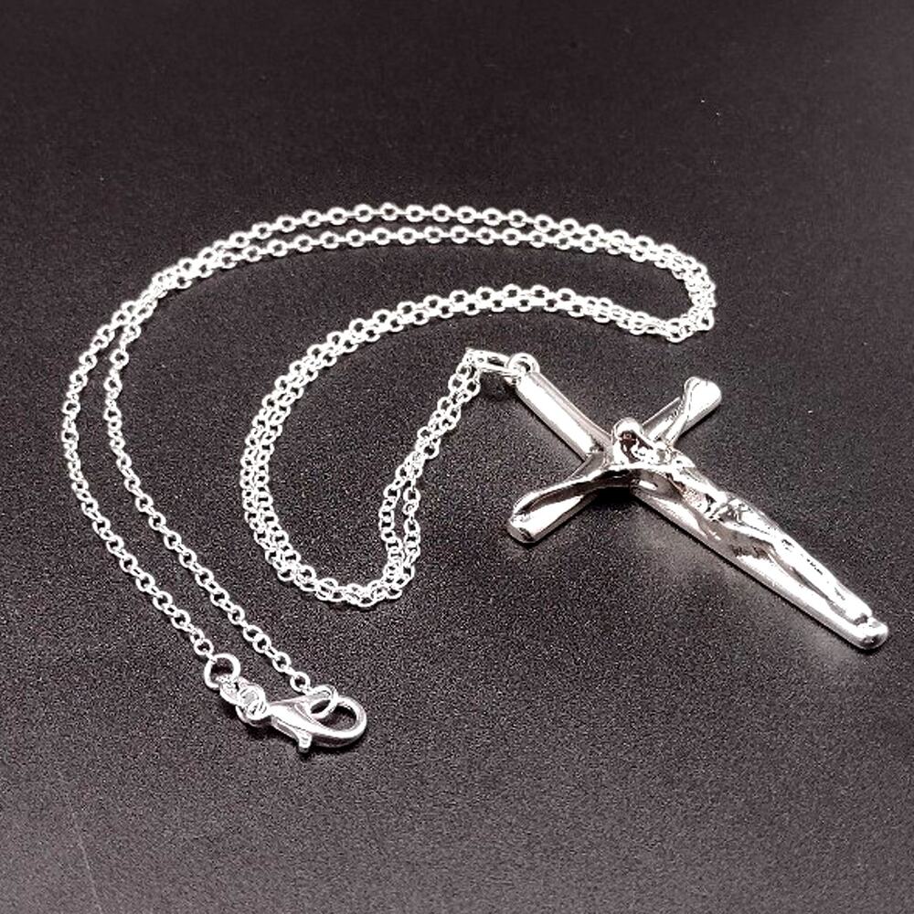 925 Silver Necklace w/ Cross Crucifix Jesus Men's Anniversary Birthday Gift NEW